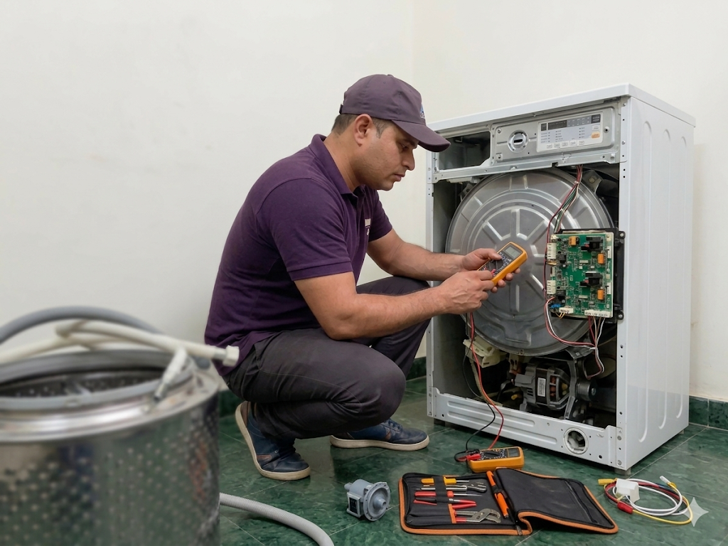 Technician repairing washing machine